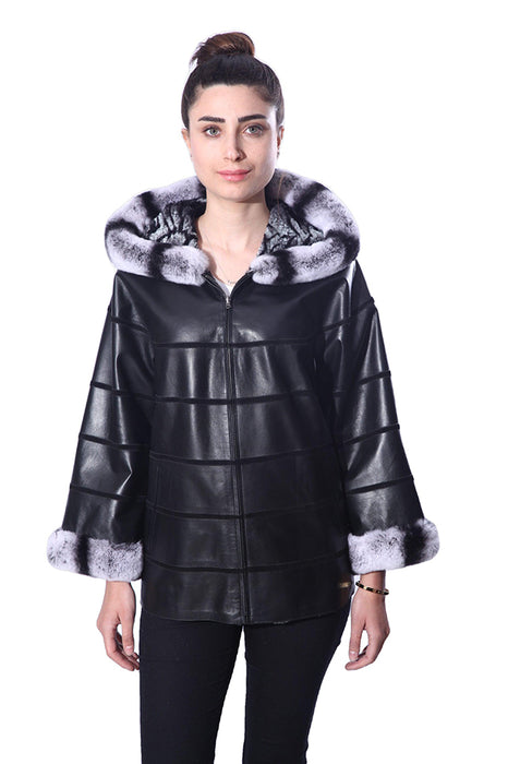 Anna Womens Real Fur Leather Jacket with Hood