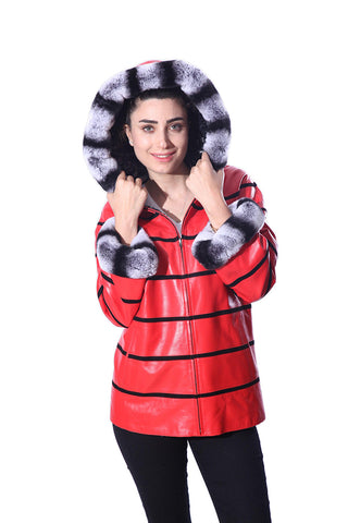 Anna Womens Real Rex Fur Leather Jacket with Hood