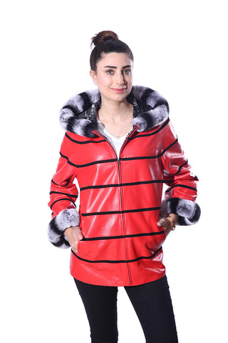 Anna Womens Real Rex Fur Leather Jacket with Hood