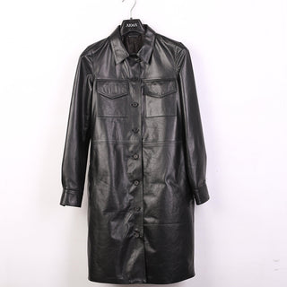 Athena Matrix Womens Black Full Long Leather Coat with Buttons