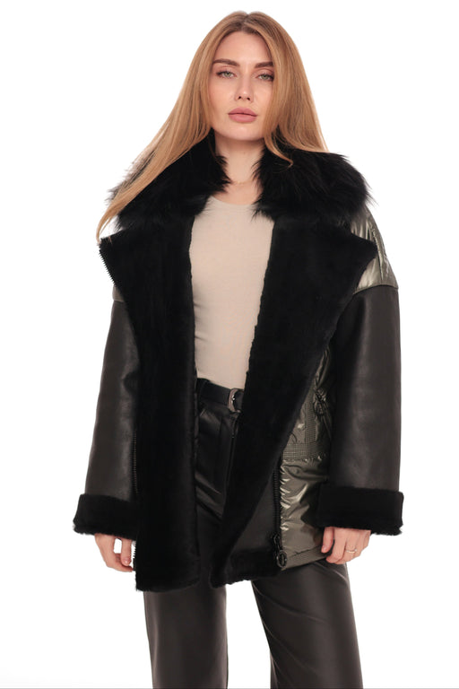 Genuine Lamb Leather Fox Fur Down Coat Olive
