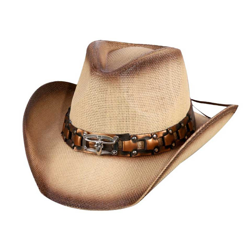 Steer Head Faux Leather Band Straw Cowboy Hat