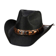Steer Head Faux Leather Band Straw Cowboy Hat