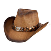 Steer Head Faux Leather Band Straw Cowboy Hat