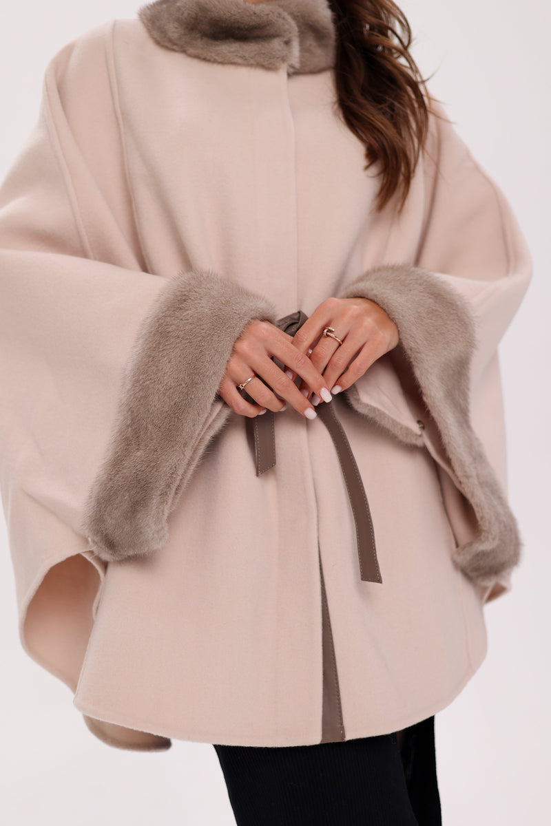 Genuine Mink Fur Wool Poncho Coat – Beige