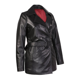 Carissa Womens Black Belted 3/4 Long Leather Coat