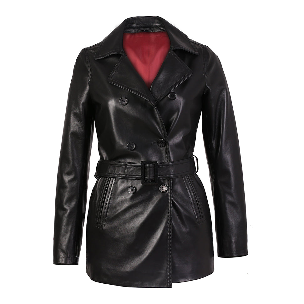 Black Leather 3/4 Length Trench shops Coat