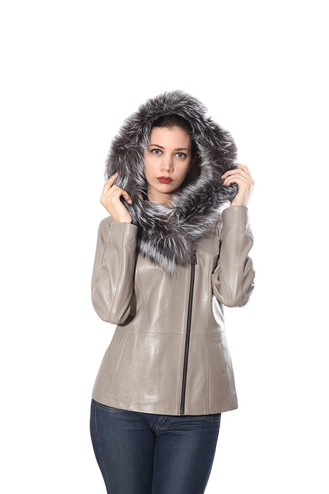Cidra Womens Real Silver Fox Fur Hooded Leather Jacket