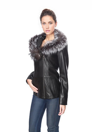 Cidra Womens Real Silver Fox Fur Hooded Leather Jacket