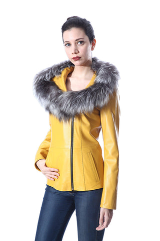 Cidra Womens Real Silver Fox Fur Hooded Leather Jacket