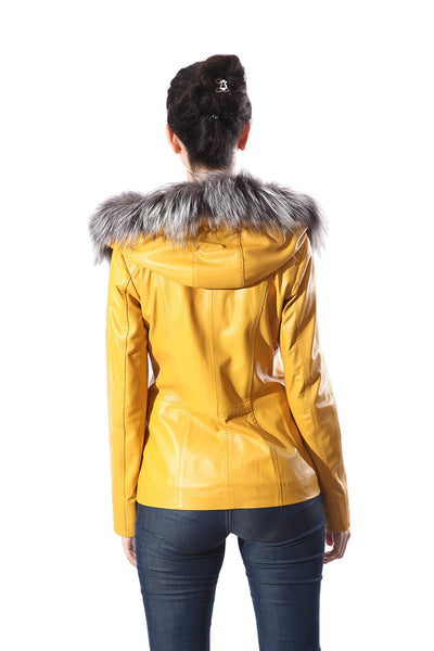 Cidra Womens Real Silver Fox Fur Hooded Leather Jacket