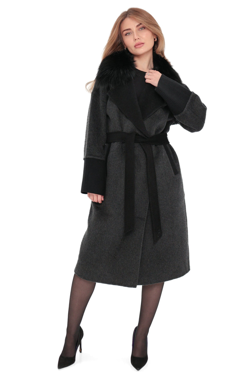 Graphite Cashmere Wool Coat with Silver Fox Fur