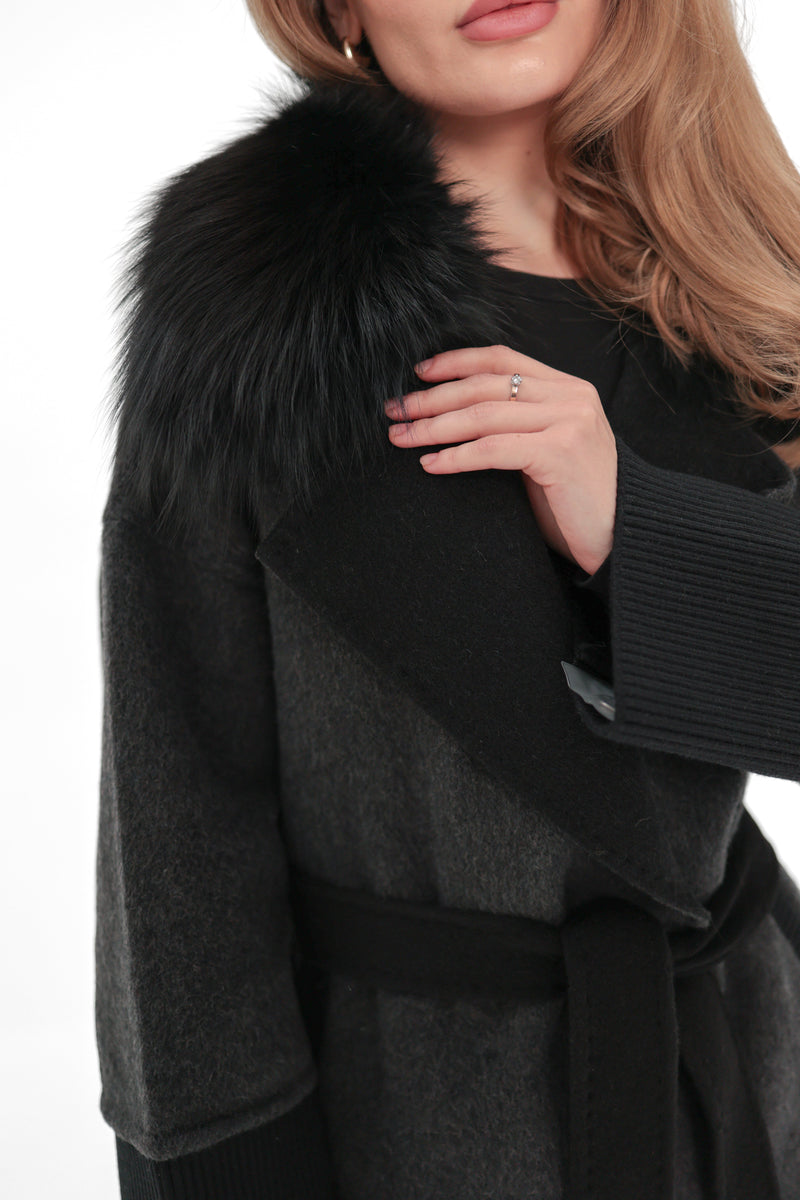 Graphite Cashmere Wool Coat with Silver Fox Fur
