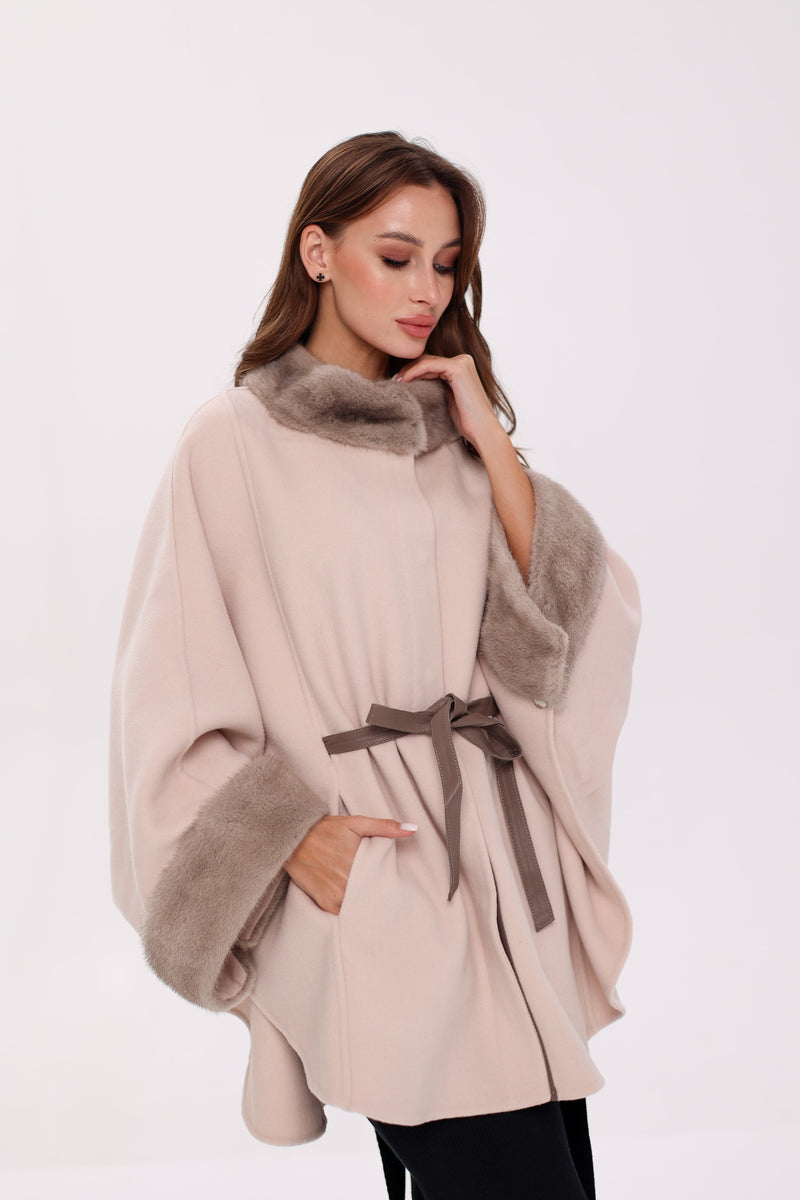 Genuine Mink Fur Wool Poncho Coat – Beige