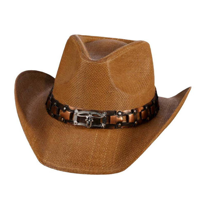 Steer Head Faux Leather Band Straw Cowboy Hat