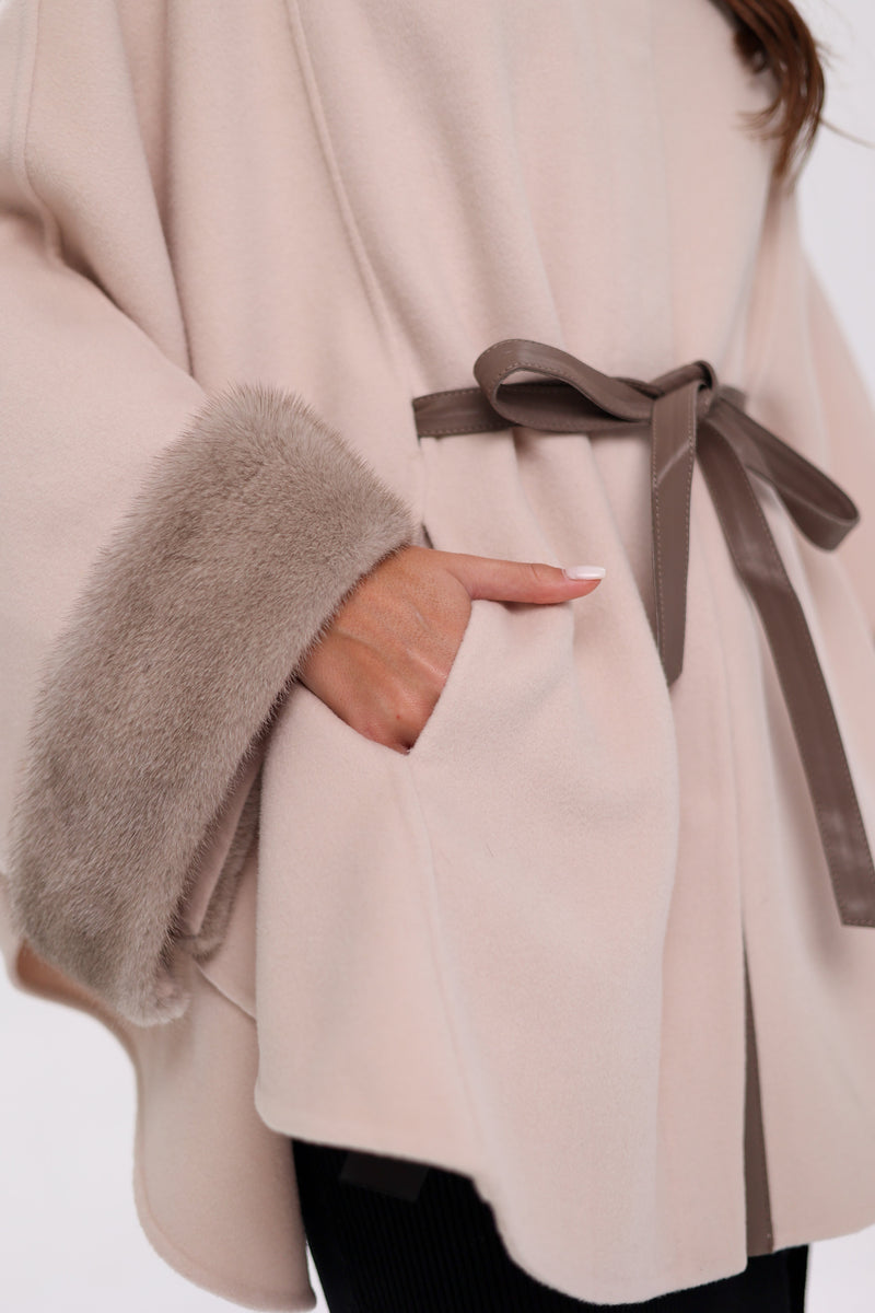Genuine Mink Fur Wool Poncho Coat – Beige
