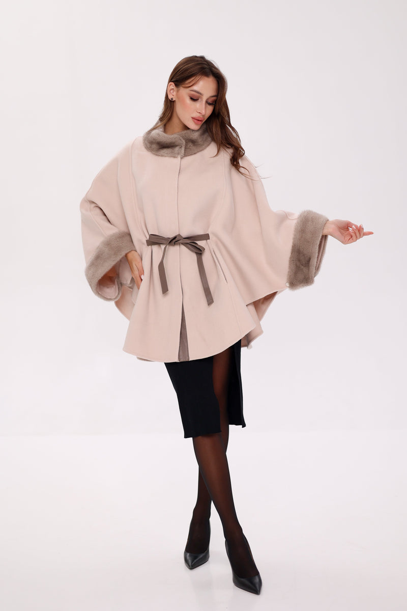 Genuine Mink Fur Wool Poncho Coat – Beige