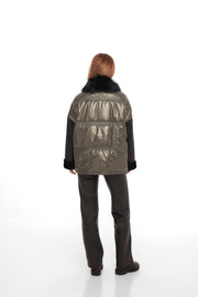 Genuine Lamb Leather Fox Fur Down Coat Olive