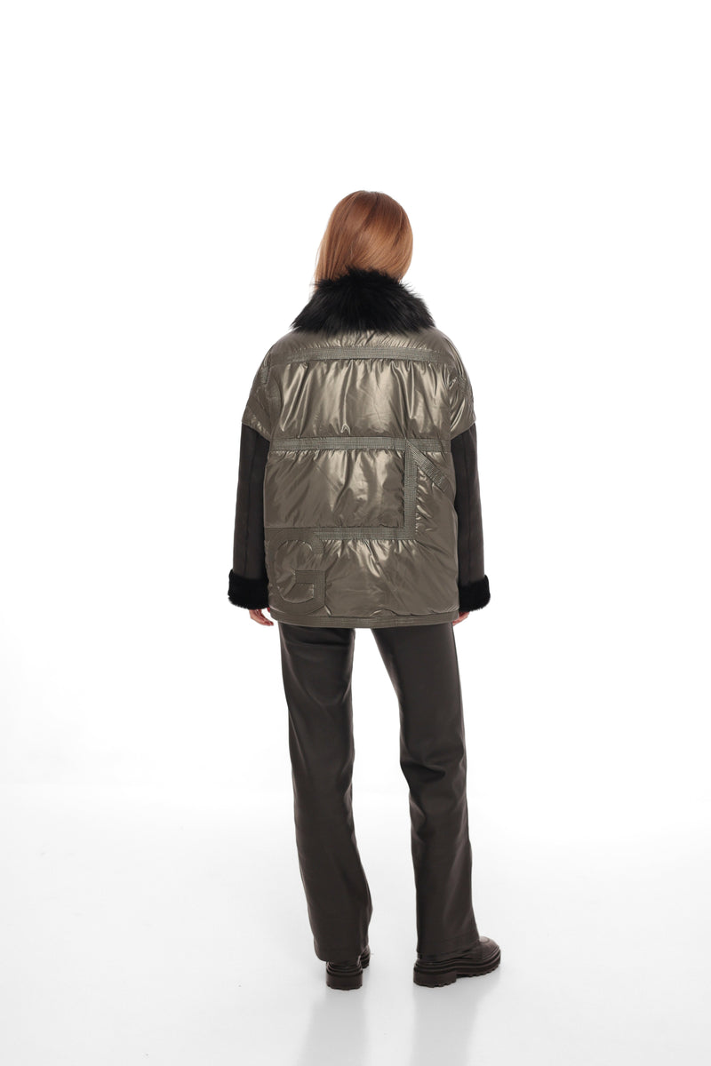 Genuine Lamb Leather Fox Fur Down Coat Olive
