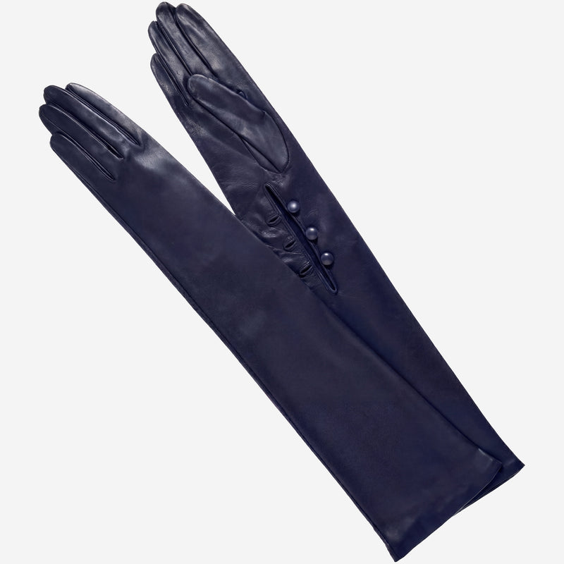 Elena (navy) - silk lined 16-button length leather opera gloves