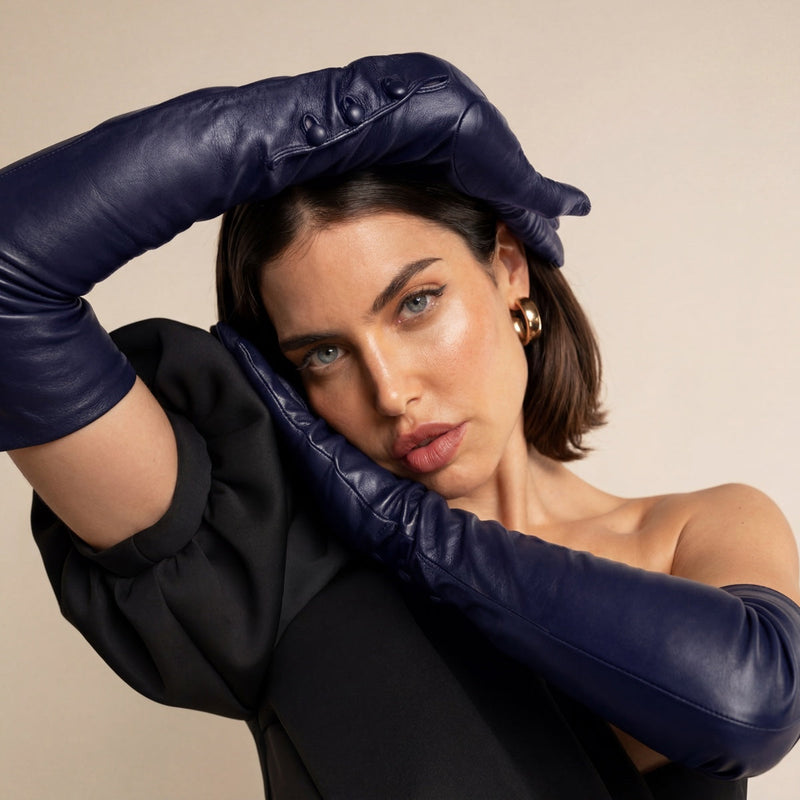 Elena (navy) - silk lined 16-button length leather opera gloves