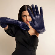 Elena (navy) - silk lined 16-button length leather opera gloves
