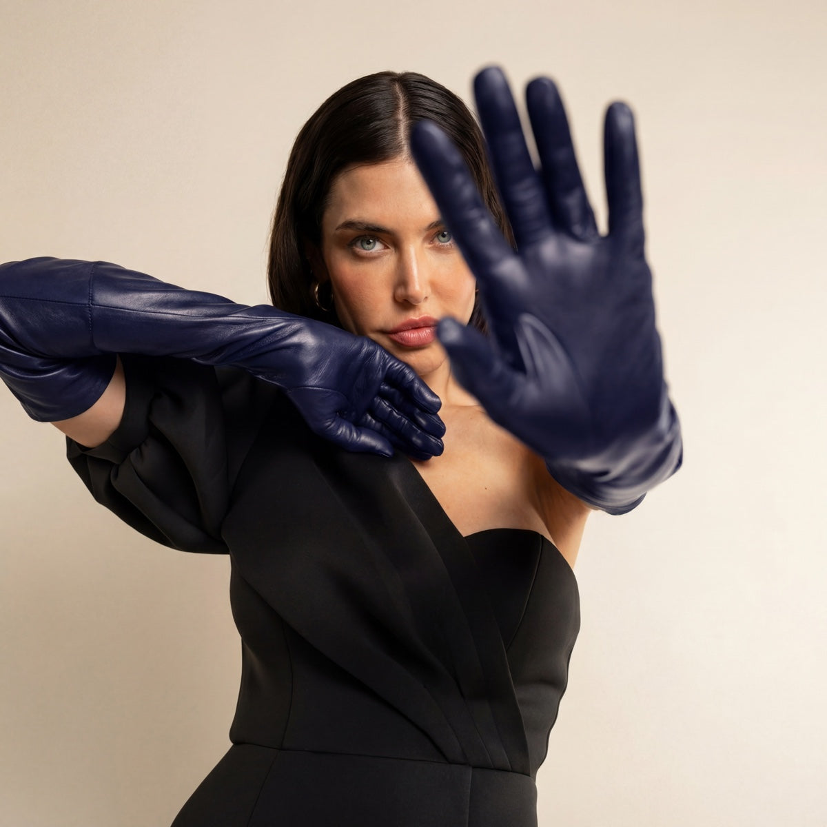Elena (navy) - silk lined 16-button length leather opera gloves