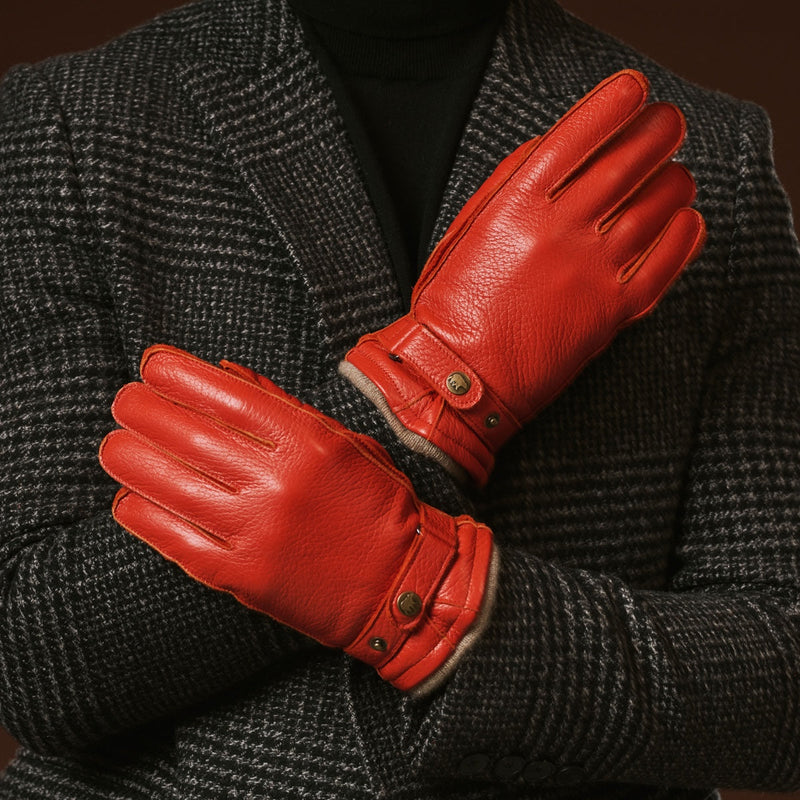 Emilio (orange) – Luxurious deerskin gloves with cashmere lining and adjustable snap button