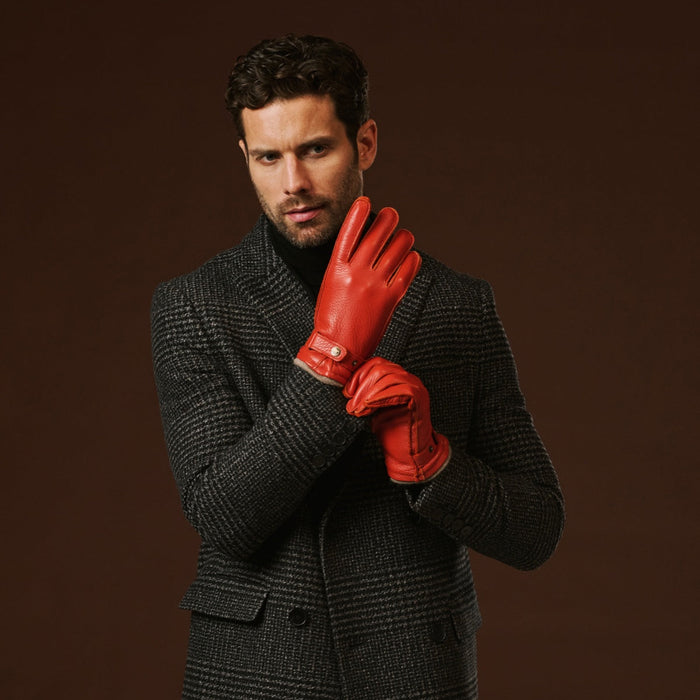 Emilio (orange) – Luxurious Italian deerskin gloves with cashmere lining and adjustable snap button