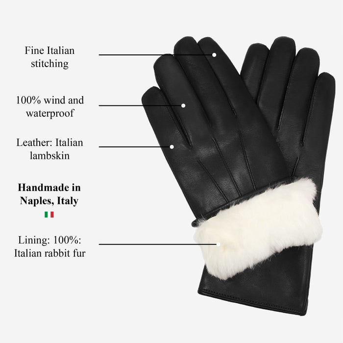 Marco (black) - Italian lambskin leather gloves with white rabbit fur lining