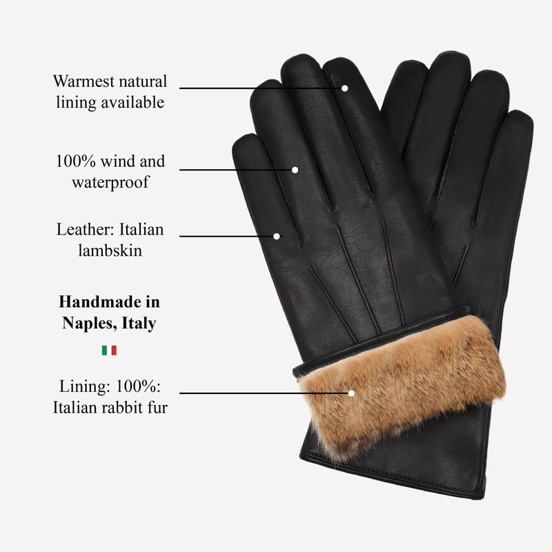 Francesca (black) - Lambskin leather gloves with brown rabbit fur lining