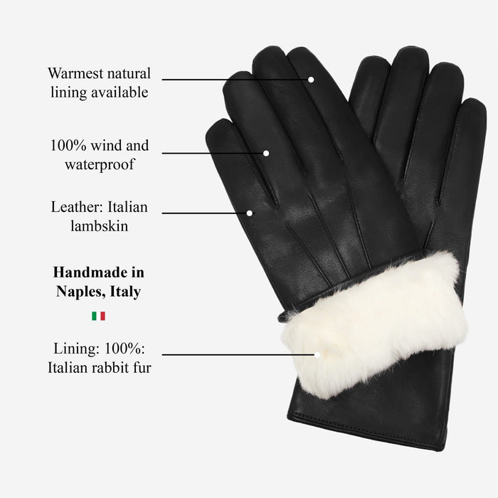 Francesca (black) - Italian lambskin leather gloves with white rabbit fur lining
