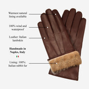 Francesca (brown) - lambskin leather gloves with brown rabbit fur lining