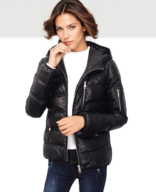 Contra 2020 Black Genuine Hooded Womens Leather Puffer Jacket-Womens Leather Jacket-Inland Leather Co.-black-XXXL-Inland Leather Co.