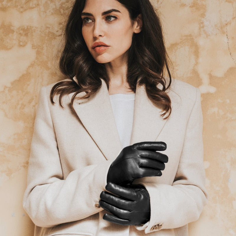 Francesca (black) - Lambskin leather gloves with brown rabbit fur lining