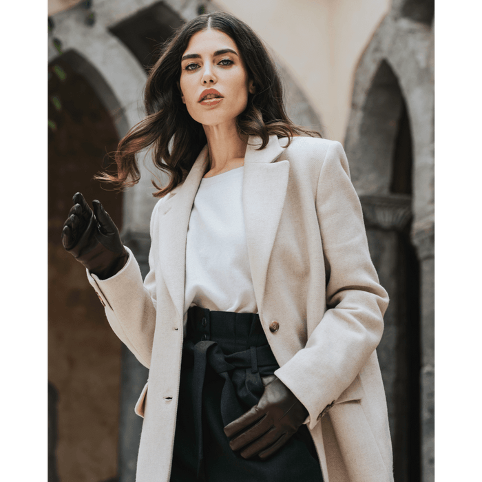 Francesca (brown) - Italian lambskin leather gloves with brown rabbit fur lining