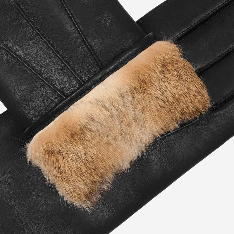 Francesca (black) - Lambskin leather gloves with brown rabbit fur lining