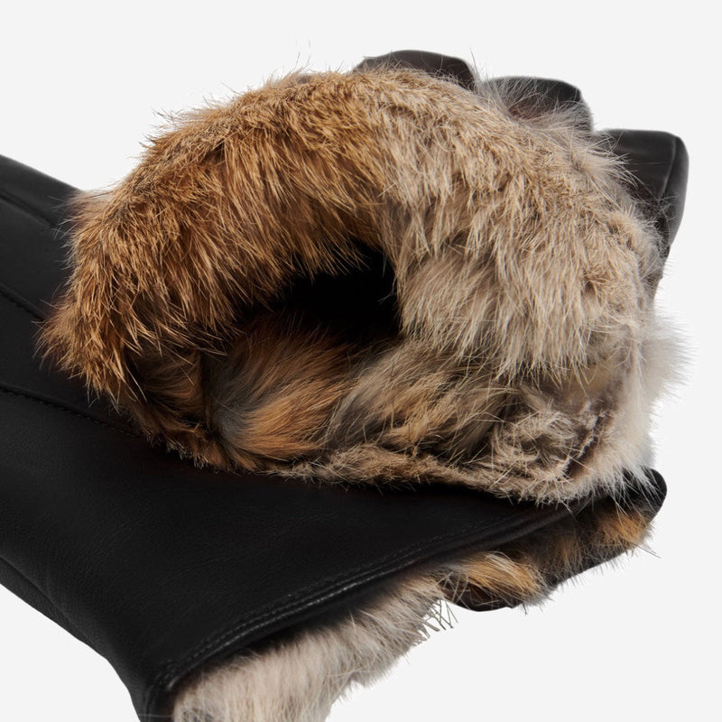 Francesca (black) - Lambskin leather gloves with brown rabbit fur lining