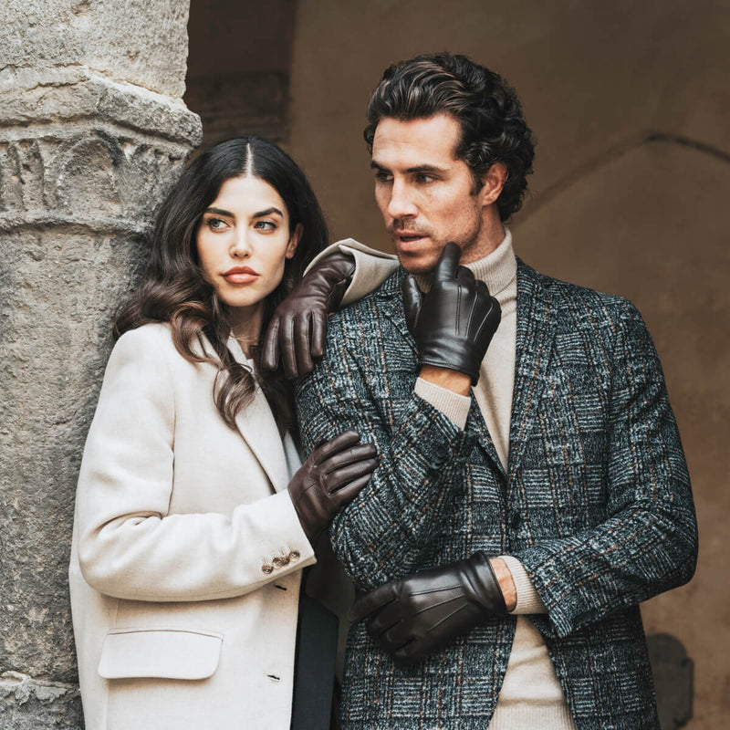 Francesca (brown) - lambskin leather gloves with brown rabbit fur lining