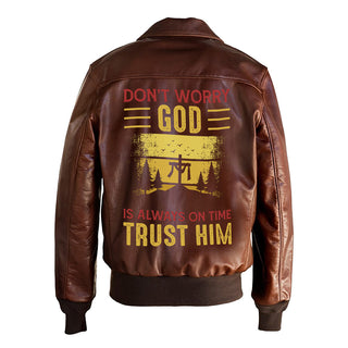 God Is Always On Time Religious Printed Bomber Genuine Leather Jacket