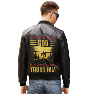God Is Always On Time Printed Religious Leather Jacket