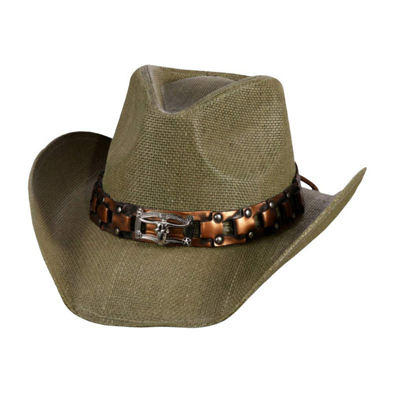 Steer Head Faux Leather Band Straw Cowboy Hat