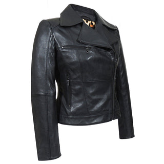 IL Womens Rigid Short Biker Leather Jacket w/ Leopard Print