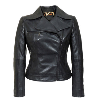 IL Womens Rigid Short Biker Leather Jacket w/ Leopard Print