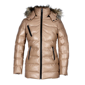 Women’s Selina Tan Puffer Leather Jacket with Faux Fur Hood – Genuine Sheepskin Bomber Coat