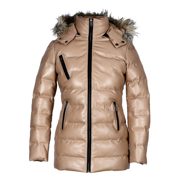Women’s Selina Tan Puffer Leather Jacket with Faux Fur Hood – Genuine Sheepskin Bomber Coat