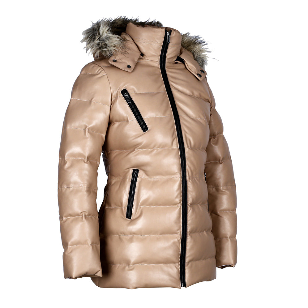Women’s Selina Tan Puffer Leather Jacket with Faux Fur Hood – Genuine Sheepskin Bomber Coat