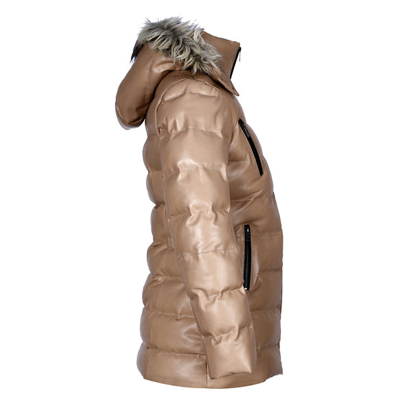 Women’s Selina Tan Puffer Leather Jacket with Faux Fur Hood – Genuine Sheepskin Bomber Coat