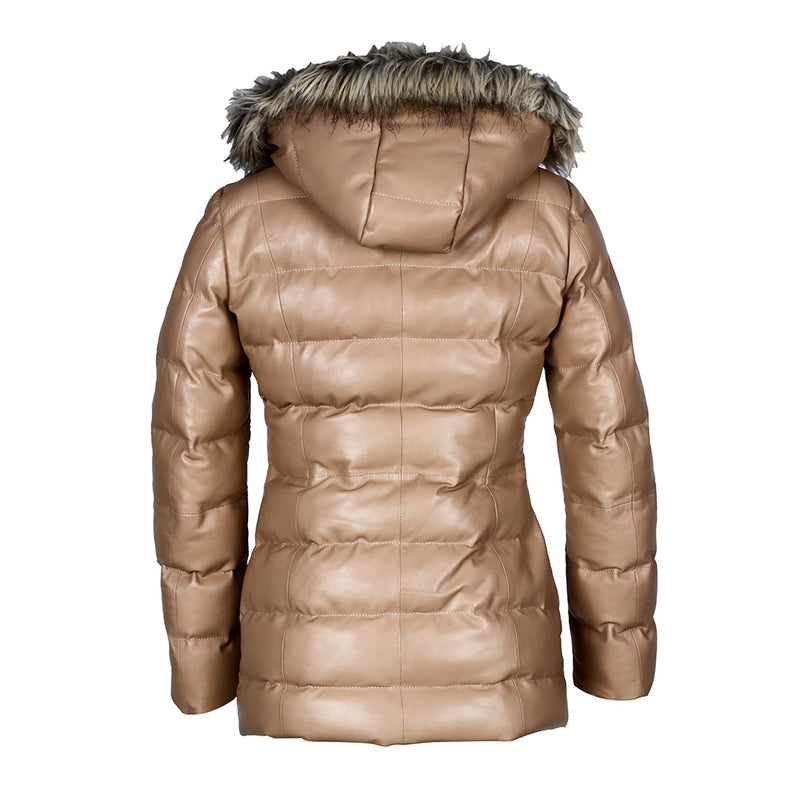 Women’s Selina Tan Puffer Leather Jacket with Faux Fur Hood – Genuine Sheepskin Bomber Coat
