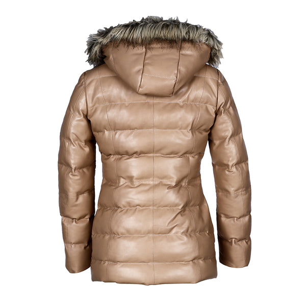 Women’s Selina Tan Puffer Leather Jacket with Faux Fur Hood – Genuine Sheepskin Bomber Coat